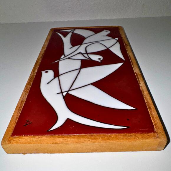 Mid Century Modern Abstract Bird Tile Wall Art | White Doves on Red - Picture 4 of 9